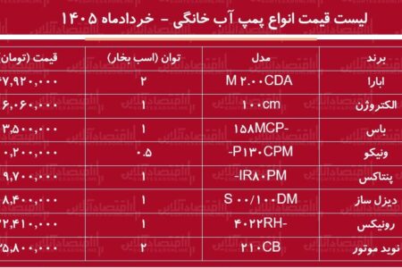 قیمت انواع پمپ آب خرداد ۱۴۰۵/ پمپ آب خانگی ۱ اسب بخار چند شد؟ + جدول