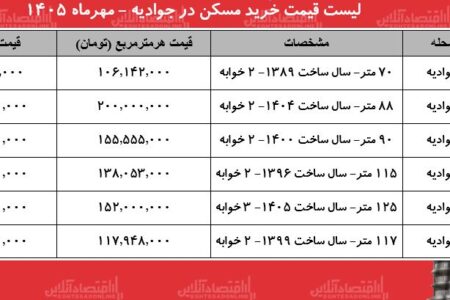 لیست قیمت خرید مسکن در جوادیه مهر ۱۴۰۵ / خرید آپارتمان ۷۰ متری در این محله چقدر سرمایه نیاز دارد؟